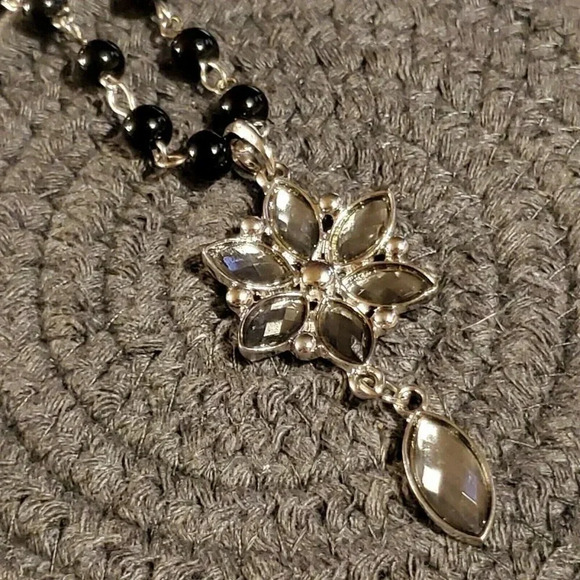 Victorian Style Black Silver and Smoke Navette Flower Pendant Necklace - Picture 3 of 5